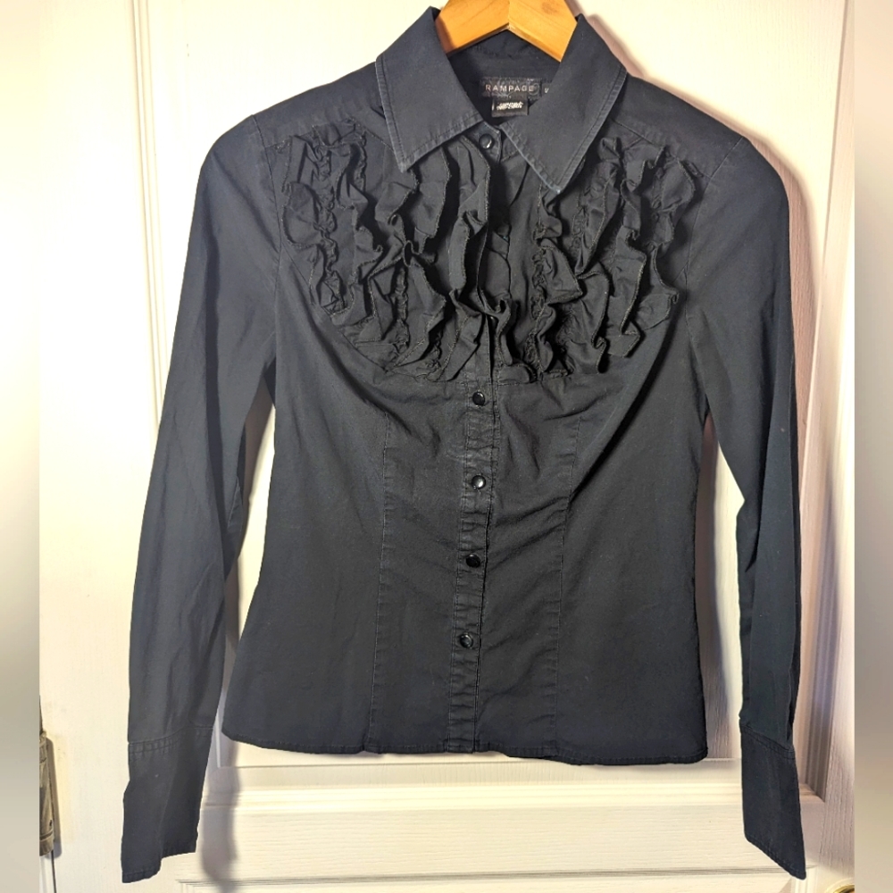 Small, black western button down blouse with ruffles